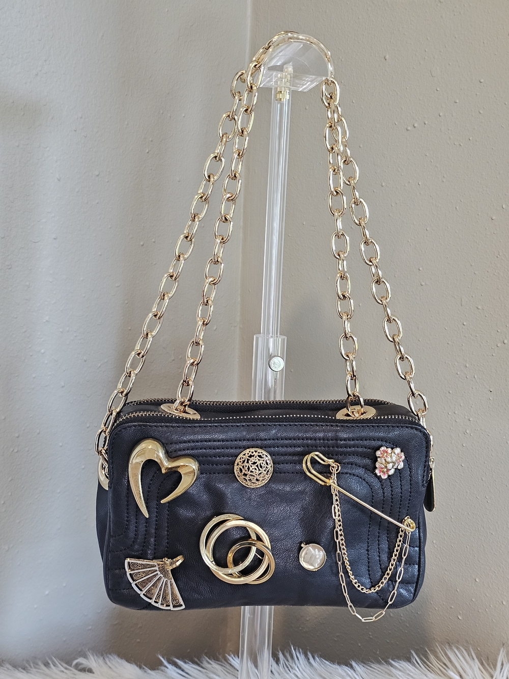 Vintage Genuine Leather Shoulder Bag Added Vintage Brooch Statement Purse OOAK